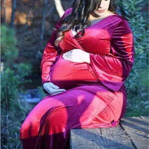 XL velvet red wine maternity shoot dress